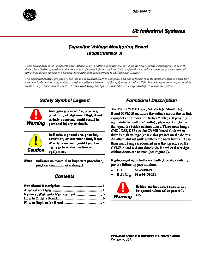 First Page Image of IS200CVMBG1A Capacitor Voltage Monitoring Board Introduction.pdf